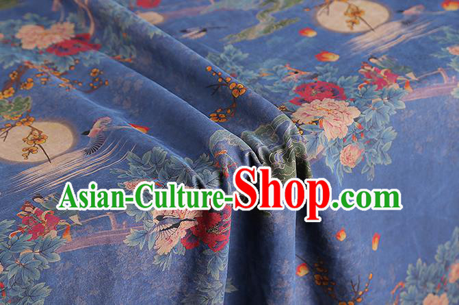 Chinese Traditional Blue Silk Fabric Gambiered Guangdong Gauze Royal Moon Plum Peony Pattern Cheongsam Cloth Drapery
