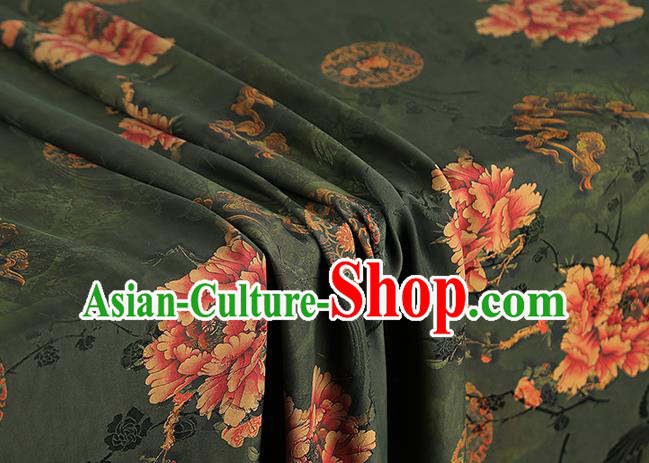 Chinese Deep Green Gambiered Guangdong Gauze Royal Peony Pattern Cloth Drapery Traditional Cheongsam Silk Fabric