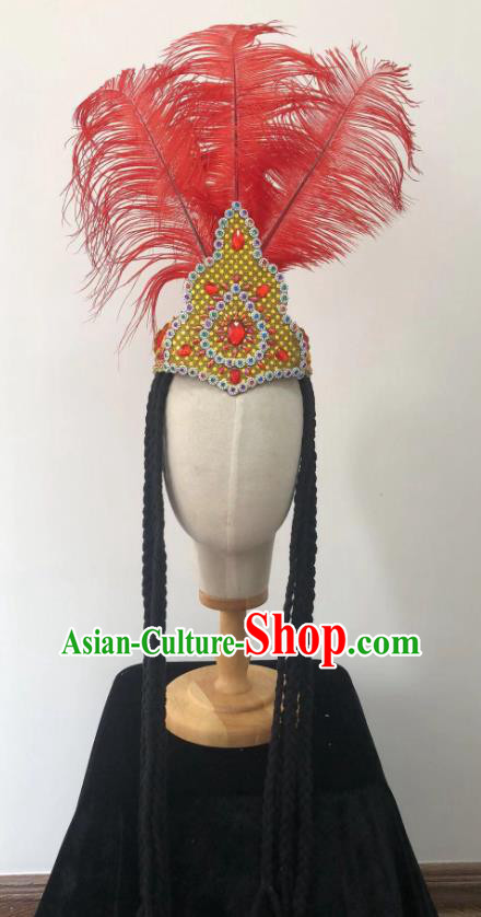 China Traditional Uyghur Nationality Folk Dance Headwear Ethnic Stage Performance Red Feather Braid Hat