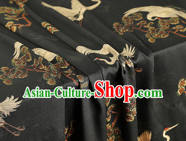 Chinese Royal Pine Cranes Pattern Cloth Drapery Black Gambiered Guangdong Gauze Traditional Cheongsam Silk Fabric