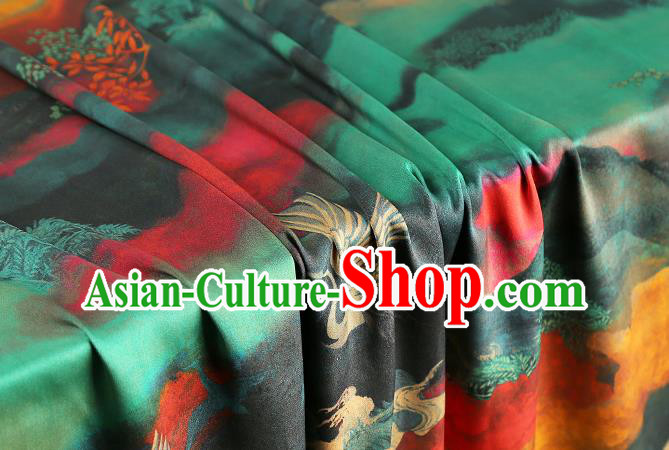 Chinese Royal Cranes Pattern Green Gambiered Guangdong Gauze Traditional Cheongsam Silk Fabric Printing Brocade Cloth Drapery