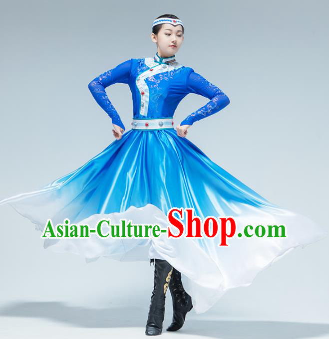 China Mongolian Nationality Dance Blue Dress Traditional Mongol Ethnic Stage Performance Women Clothing