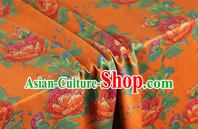 Chinese Traditional Orange Silk Fabric Gambiered Guangdong Gauze Royal Peony Pattern Cheongsam Drapery