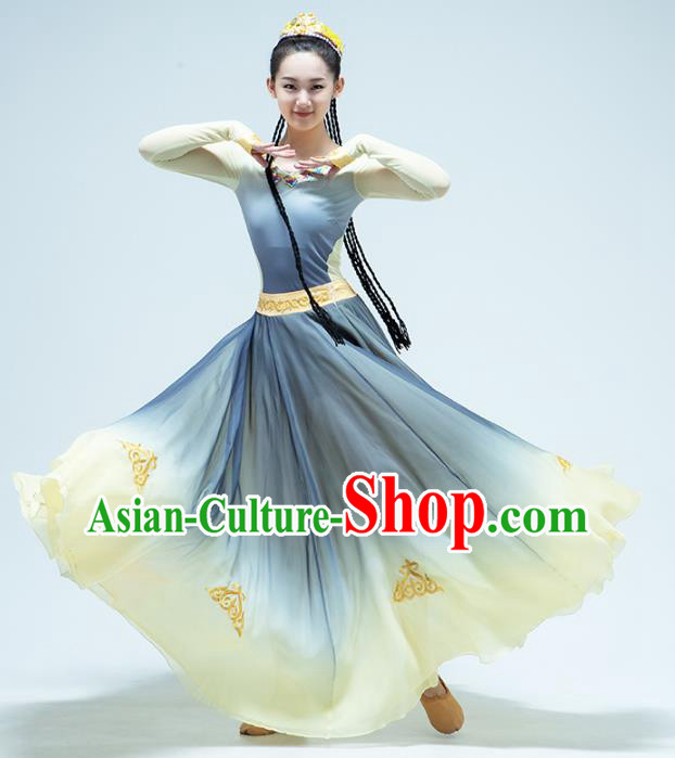 China Uyghur Nationality Dance Blue Dress Traditional Xinjiang Ethnic Stage Performance Clothing
