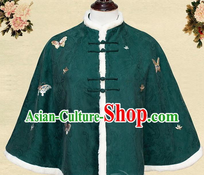 China Traditional Embroidery Butterfly Winter Upper Outer Garment Tang Suit Dark Green Short Cloak Embroidered Costume