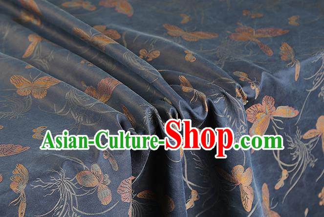 Chinese Traditional Cheongsam Silk Fabric Royal Butterfly Orchids Pattern Navy Song Brocade Gambiered Guangdong Gauze