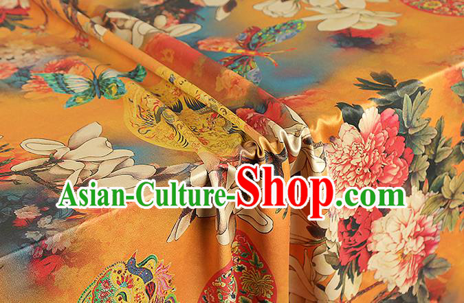 Chinese Royal Mangnolia Peony Pattern Gambiered Guangdong Gauze Brocade Cloth Drapery Traditional Cheongsam Orange Silk Fabric
