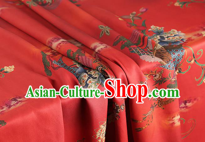 Chinese Classical Flowers Pattern Gambiered Guangdong Gauze Drapery Traditional Cheongsam Silk Fabric Red Brocade Cloth