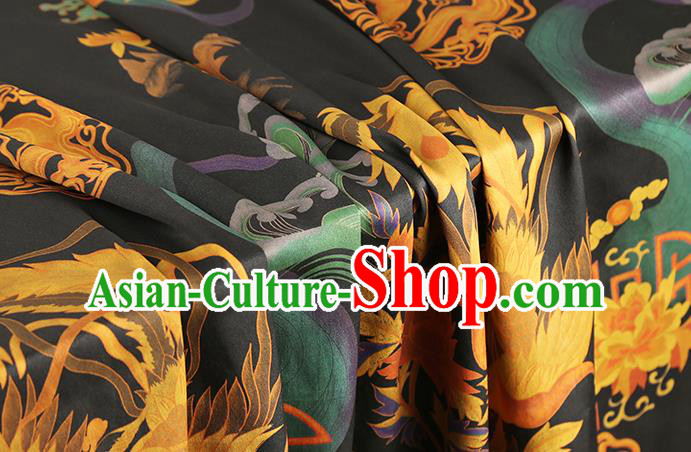 Chinese Classical Dragon Phoenix Pattern Gambiered Guangdong Gauze Drapery Brocade Cloth Traditional Cheongsam Black Silk Fabric