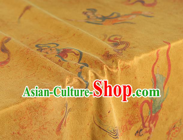 Chinese Yellow Gambiered Guangdong Gauze Traditional Cheongsam Silk Fabric Classical Flying Goddess Pattern Brocade Cloth Drapery