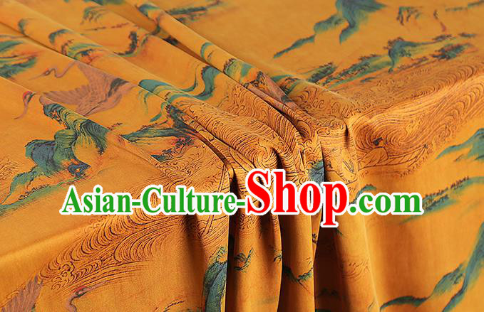 Chinese Traditional Cheongsam Silk Fabric Classical Landscape Crane Pattern Brocade Cloth Drapery Yellow Gambiered Guangdong Gauze