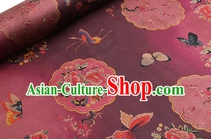 Chinese Traditional Purple Brocade Drapery Cheongsam Gambiered Guangdong Gauze Classical Peony Butterfly Pattern Silk Fabric