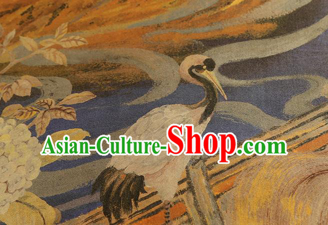 China Traditional Printing Cranes Brown Silk Fabric Classical Gambiered Guangdong Gauze Cheongsam Drapery