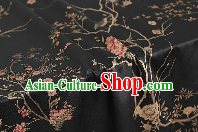 Chinese Classical Flowers Birds Pattern Brocade Traditional Black Silk Drapery Cheongsam Gambiered Guangdong Gauze Fabric