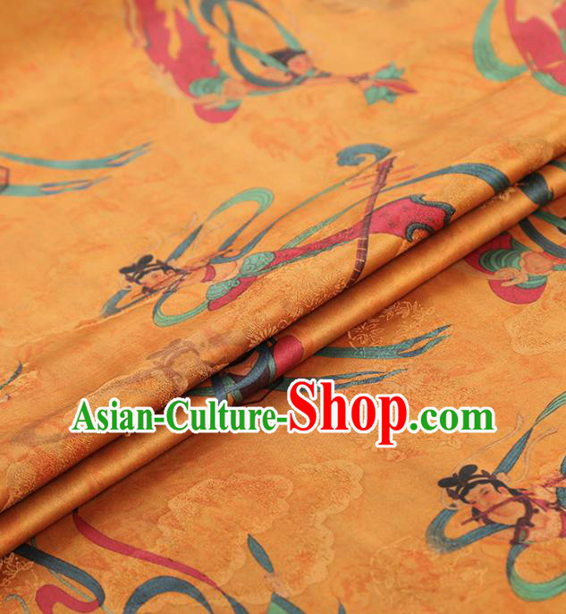 Chinese Traditional Cheongsam Gambiered Guangdong Gauze Yellow Brocade Fabric Classical Flying Apsaras Pattern Silk Drapery