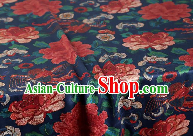 Chinese Traditional Deep Blue Brocade Drapery Cheongsam Classical Peony Pattern Silk Fabric Gambiered Guangdong Gauze