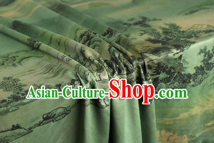 Chinese Classical Landscape Pattern Brocade Drapery Traditional Gambiered Guangdong Gauze Cheongsam Green Silk Fabric