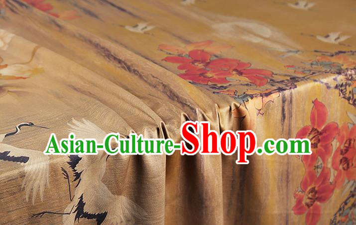 Chinese Classical Crane Peony Pattern Gambiered Guangdong Gauze Traditional Cheongsam Brocade Fabric Yellow Silk Drapery