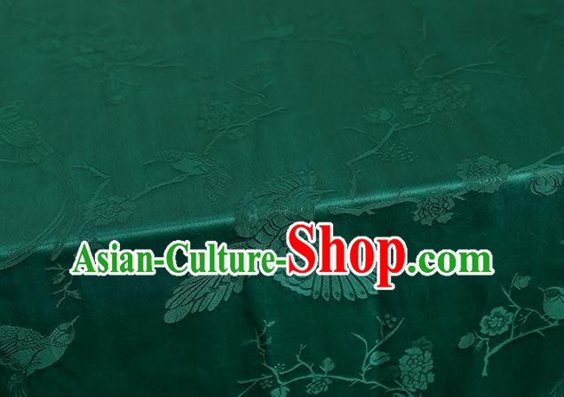 Chinese Classical Gambiered Guangdong Gauze Cheongsam Brocade Fabric Traditional Flowers Bird Pattern Deep Green Silk Drapery