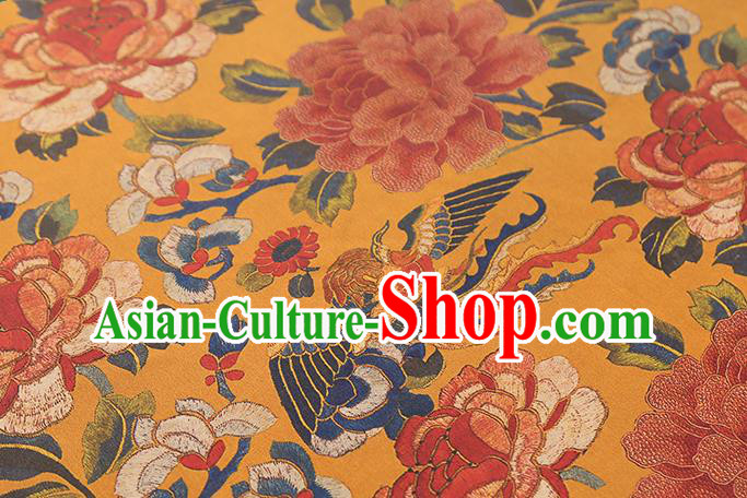 Chinese Gambiered Guangdong Gauze Traditional Cheongsam Silk Drapery Classical Peony Phoenix Pattern Yellow Brocade Fabric