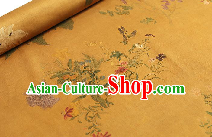 Chinese Classical Flowers Pattern Silk Drapery Traditional Golden Brocade Qipao Dress Satin Fabric
