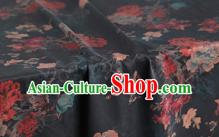 Chinese Traditional Black Brocade Fabric Classical Peony Pattern Silk Drapery Qipao Dress Gambiered Guangdong Gauze