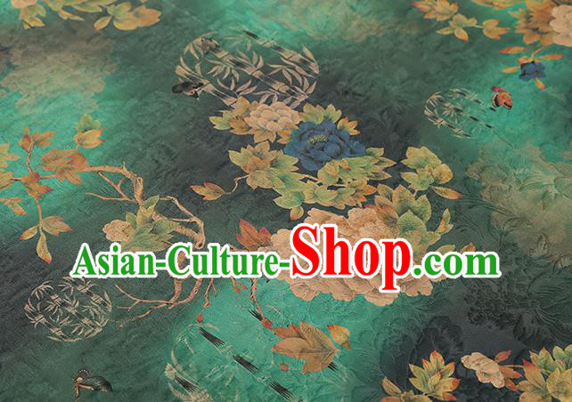 Chinese Classical Peony Pattern Green Silk Drapery Traditional Qipao Dress Gambiered Guangdong Gauze Fabric