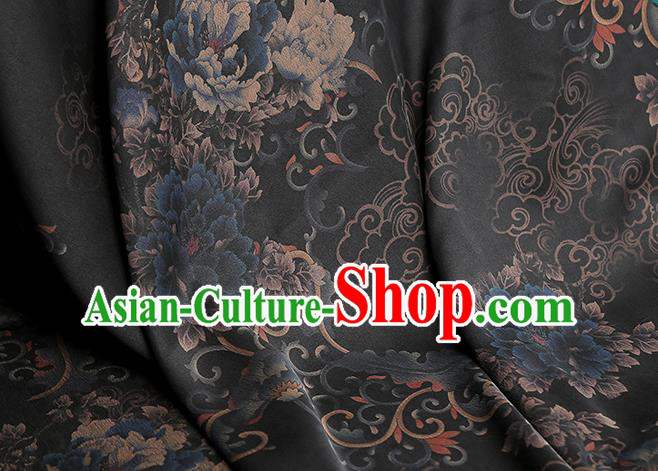 Chinese Classical Peony Pattern Silk Drapery Traditional Qipao Dress Black Gambiered Guangdong Gauze Fabric
