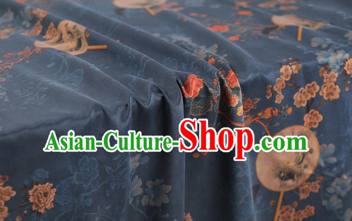 Chinese Classical Plum Blossom Fan Pattern Silk Fabric Navy Gambiered Guangdong Gauze Traditional Qipao Dress Brocade Cloth