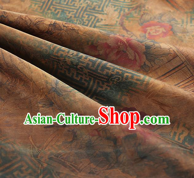 Chinese Qipao Dress Ginger Brocade Cloth Traditional Gambiered Guangdong Gauze Classical Peony Pattern Silk Fabric