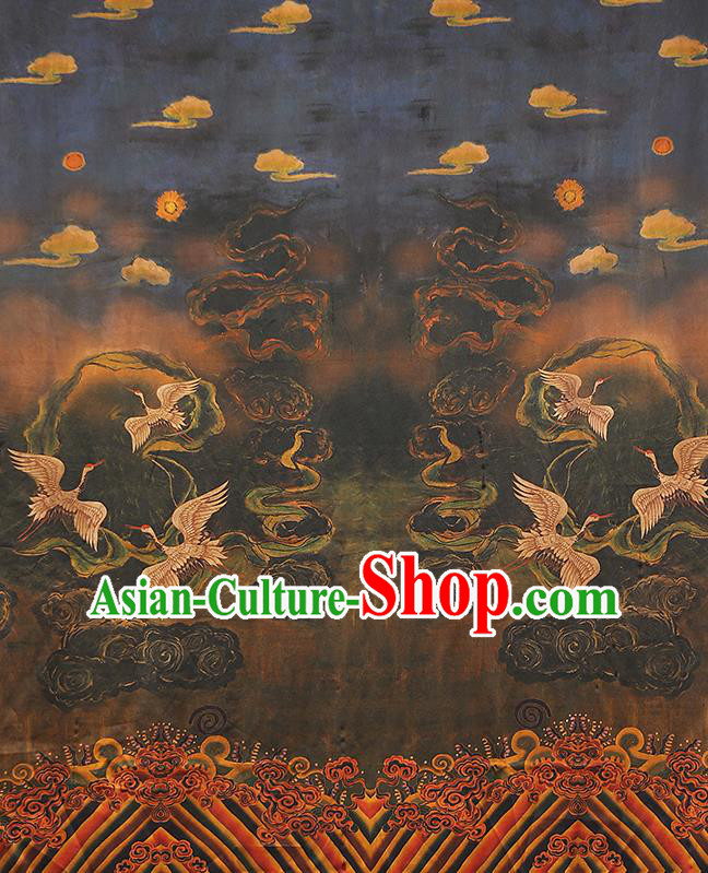 Chinese Traditional Navy Brocade Cloth Qipao Dress Gambiered Guangdong Gauze Classical Cranes Pattern Silk Fabric