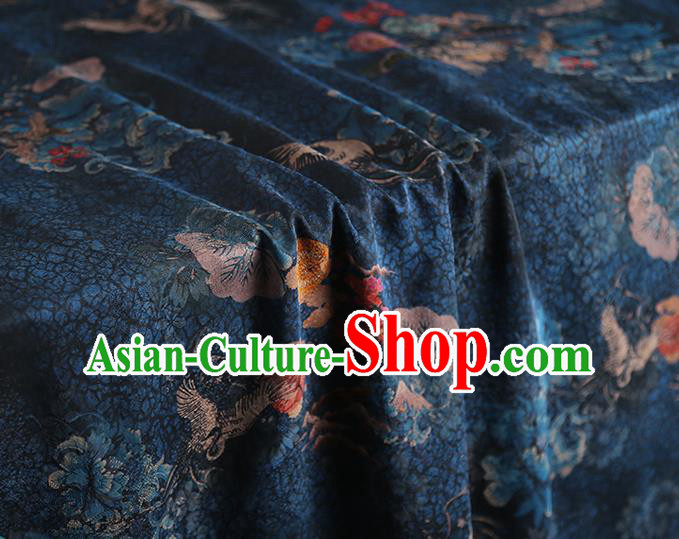 Chinese Qipao Dress Classical Crane Peony Pattern Silk Fabric Traditional Navy Brocade Cloth Gambiered Guangdong Gauze