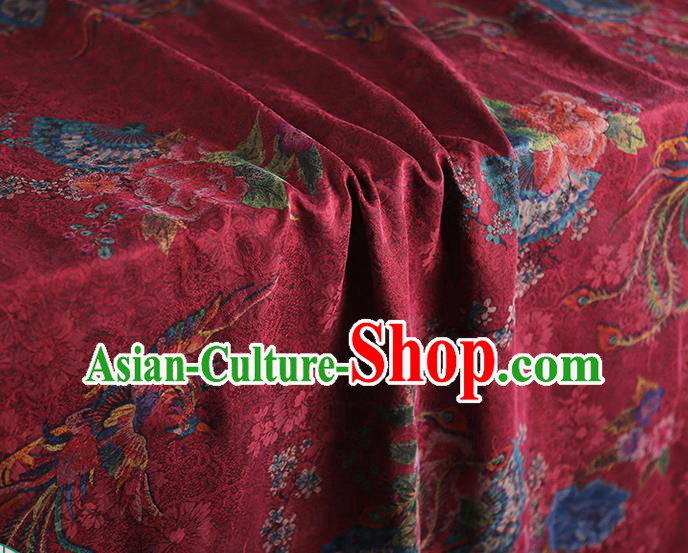 Chinese Traditional Phoenix Peony Pattern Red Silk Fabric Classical Qipao Dress Gambiered Guangdong Gauze