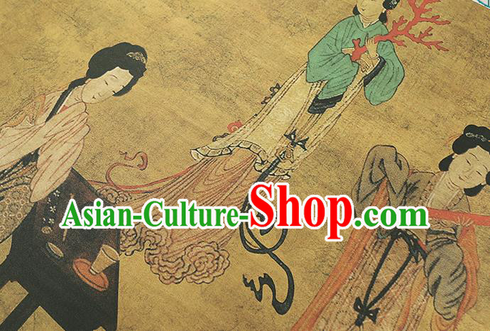 Chinese Classical Palace Lady Pattern Gambiered Guangdong Gauze Drapery Traditional Qipao Dress Yellow Silk Fabric