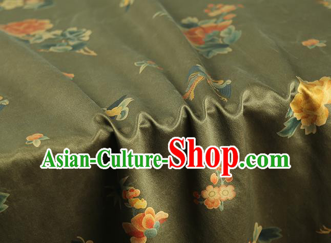 Chinese Classical Phoenix Peony Pattern Gambiered Guangdong Gauze Drapery Traditional Qipao Dress Olive Green Silk Fabric