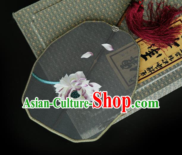 China Traditional Hanfu Palace Fan Ancient Court Princess Grey Silk Fan Handmade Embroidered Lotus Fans