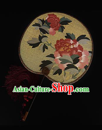 China Peony Pattern Yellow Silk Fan Traditional Hanfu Palace Fan Handmade Ebony Fans