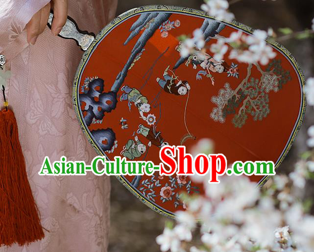 China Handmade Hanfu Fans Embroidered Children Red Silk Fan Traditional Wedding Palace Fan