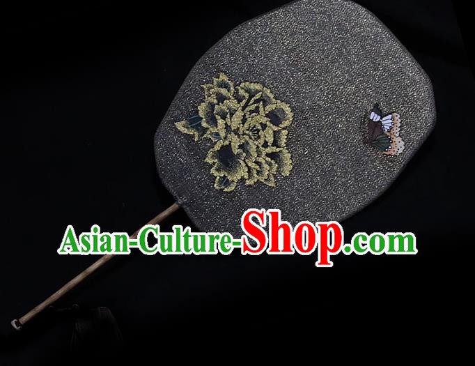 China Traditional Wedding Palace Fan Handmade Hanfu Fans Peony Pattern Black Silk Fan