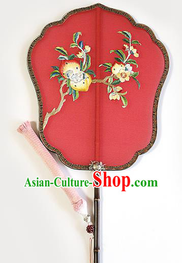 China Handmade Fans Traditional Hanfu Red Silk Fan Wedding Embroidered Peach Palace Fan