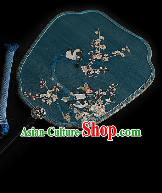 China Wedding Blue Palm Leaf Fan Handmade Traditional Hanfu Blue Silk Fan Printing Plum Blossom Palace Fan