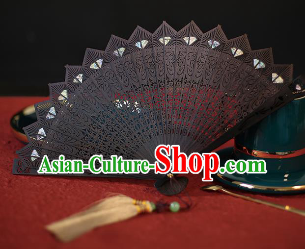 China Traditional Sandalwood Carving Fan Accordion Classical Folding Fan Black Hollowed Fans