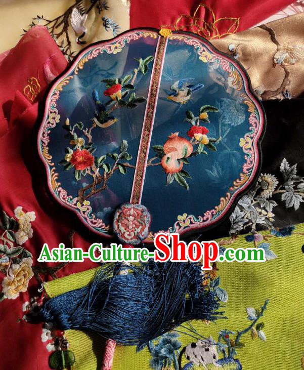China Traditional Court Hanfu Fan Handmade Embroidered Pomegranate Palace Fan Wedding Blue Silk Fan