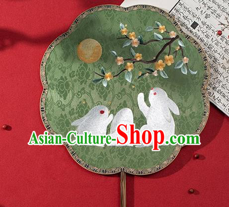 China Ancient Noble Lady Palace Fan Traditional Hanfu Green Silk Fans Embroidered Rabbit Fan