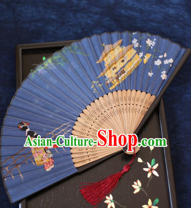 China Printing Fan Traditional Japan Kimono Accordion Folding Fan Classical Blue Silk Fans
