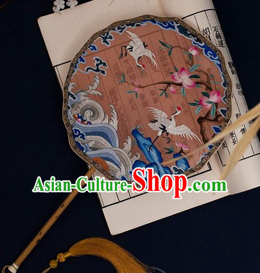 China Traditional Wedding Silk Fan Handmade Embroidered Crane Peach Palace Fan Classical Hanfu Bamboo Fan