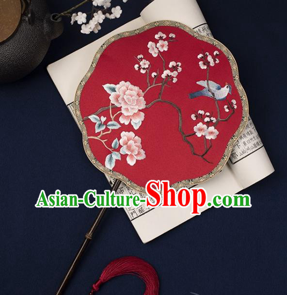 China Embroidered Plum Peony Palace Fan Handmade Mottled Bamboo Fan Traditional Wedding Red Silk Fan