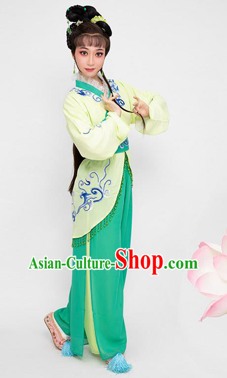 China Shaoxing Opera Actress Garment Costumes Traditional Opera Madam White Snake Xiao Qing Green Dress Clothing and Headpieces