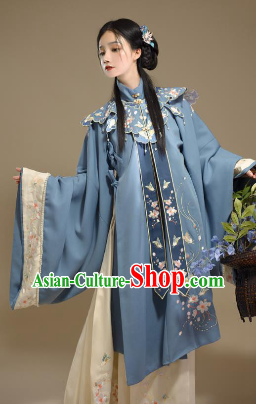 Chinese Ming Dynasty Beauty Garment Costumes Ancient Princess Hanfu Clothing Traditional Blue Gown and Skirt Complete Set