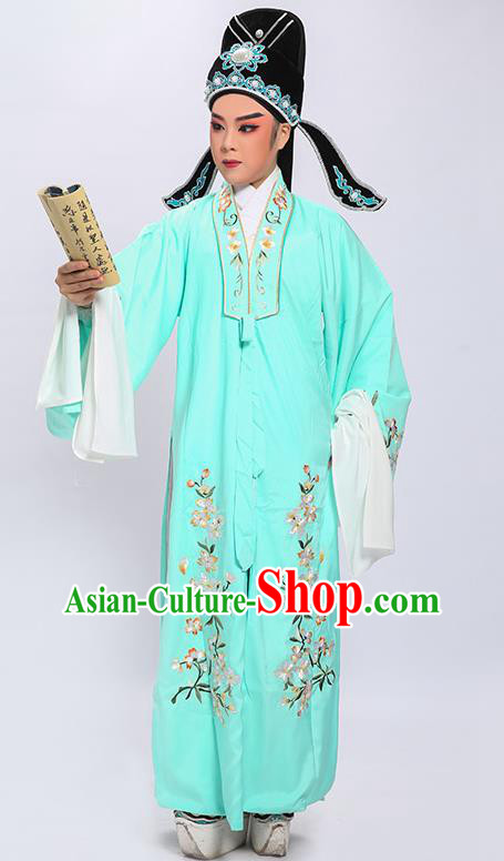 Chinese Traditional Shaoxing Opera Xiaosheng Green Cape Yue Opera Scholar Embroidered Green Overcoat and Hat